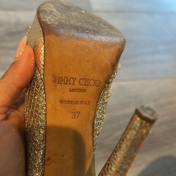 Jimmy Choo Glittering Gold Peep-Toe Heels 37 - Picture 4 of 11